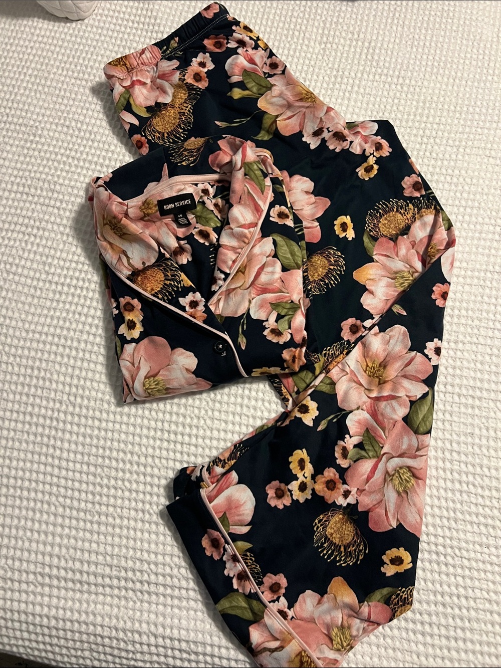 Floral Satin Pajama Set - Black with Pink Floral - Robin Eubank